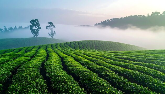 Lush green tea plantation landscape shrouded in morning mist, with rolling hills and trees.