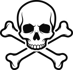 A simple, pixelated illustration of a skull and crossbones. The design is monochrome, featuring a human skull and two crossed bones, rendered in a blocky, 8-bit style against a white background.