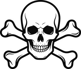 A stark black and white pixel art depiction of a skull and crossbones is presented. 