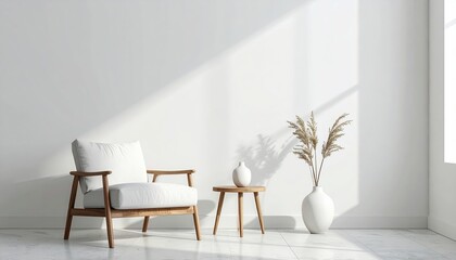 A sunlit modern living room features a comfortable armchair next to a small table with a decorative vase and pampas grass against a pristine white wall.