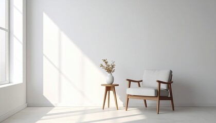 Sunlight streams through window illuminating a minimalist living room with white armchair and small table displaying delicate dried flower arrangement beautifully.