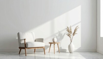A bright, minimalist living room features a comfortable white armchair, a small wooden side table, and a vase with pampas grass creating a serene and stylish space.