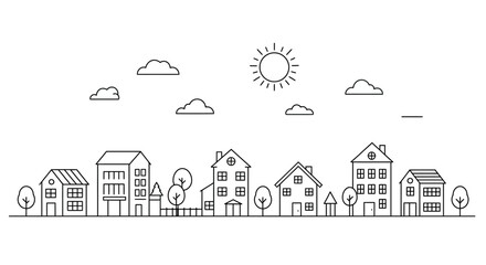Fototapeta premium Line art illustration of a suburban street with houses, trees, sun, and clouds.