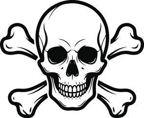 A black and white pixel art illustration of a skull and crossbones. Suitable for warning signs, designs, or as a graphic element for various projects.