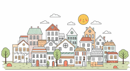 Fototapeta premium Illustration of a town with houses, trees, and a smiling sun.