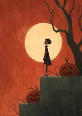 halloween night background pumpkin jack-o-lantern orange background moonlight stairs steps trick-or-treat vertical holiday card party invitation