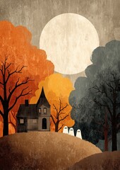 haunted house on hill with ghosts moonlight seasonal holiday neutral Halloween party card invitation backdrop blue background orange moonlight trees orange yellow blue green