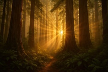 Fototapeta premium Golden dawn breaking through ancient redwood forest with mystical morning atmosphere