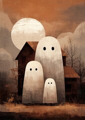 Halloween background with ghosts in front of house in sky rural country neutral fall seasonal autumn  moon rustic clouds party card invitation background vertical format