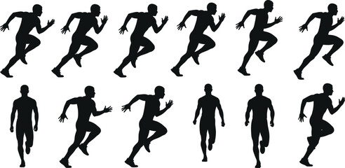 Silhouettes of male runner in dynamic sprinting poses, showcasing motion, athleticism, speed, fitness, power, energy, and human body movement vector illustration.