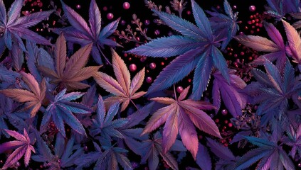 Vibrant, stylized leaves in deep purple, pink, and blue hues, interspersed with small, bright red berries on a dark background