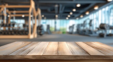 Gym interior, out-of-focus, wooden table