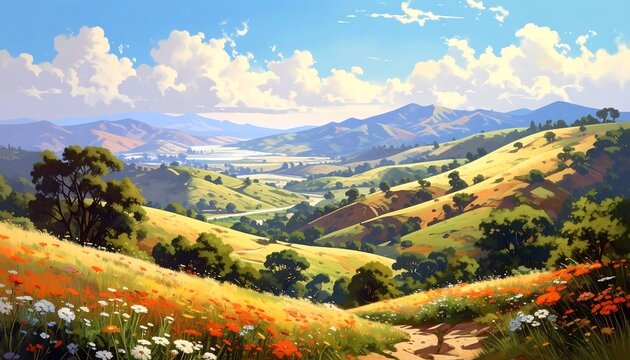 A vibrant landscape painting of rolling hills, dotted with wildflowers and lush trees, showcasing a picturesque valley and a clear sky.