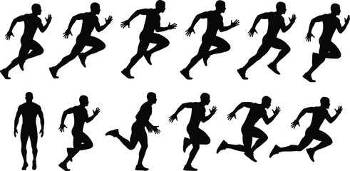Silhouettes of male runner in various sprinting, jogging, and walking poses, depicting athletic movement, fitness, speed, energy, power, and dynamic action vector.
