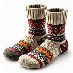 Pair of Knitted Wool Socks with Traditional Pattern Against a White Background