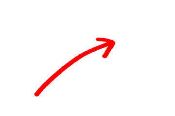 Hand drawn red arrow isolated on transparent PNG background, curved doodle arrow icon.