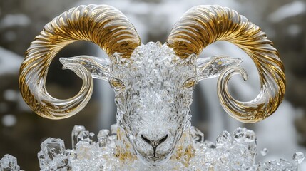 Crystal Ram Sculpture with Golden Horns