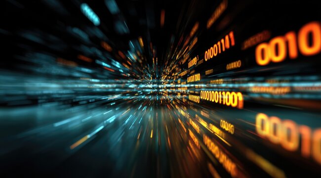 Abstract digital tunnel of binary code, with streaks of light