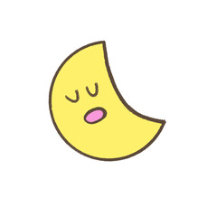 An illustration of a crescent moon with a cute, sleepy expression. It has closed dark eyes and a small pink mouth, conveying a feeling of being tired or asleep.