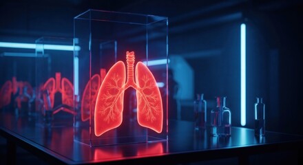 A glowing red anatomical model of lungs in a glass display case, set against a dark, neon-lit lab backdrop