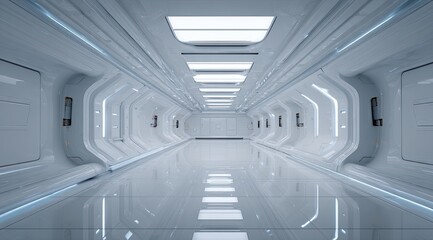 Obraz premium A futuristic, white corridor stretches into the distance. Sleek, smooth surfaces reflect light. Blue accents highlight architectural details. Glossy floor mirrors the walls