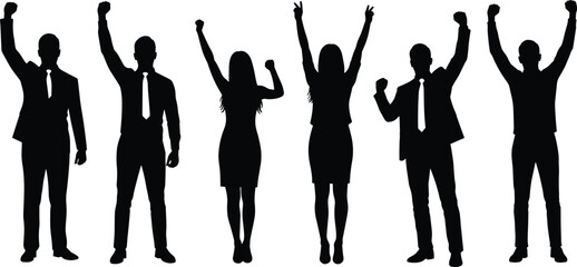 Silhouettes of Successful Business Team Celebrating Victory and Achievement with Raised Hands in Corporate Professional Attire on White BackgroundSilhouettes of Successful Business Team 
