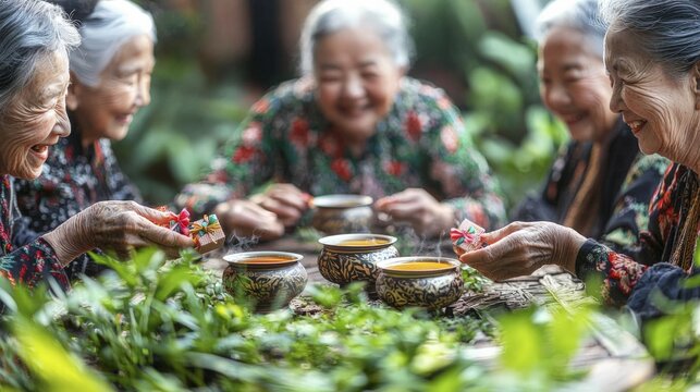 Elderly women sharing gifts outdoors
