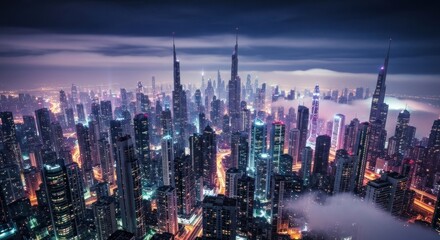 Obraz premium A sprawling metropolis at night, bathed in vibrant city lights, with skyscrapers piercing a misty sky