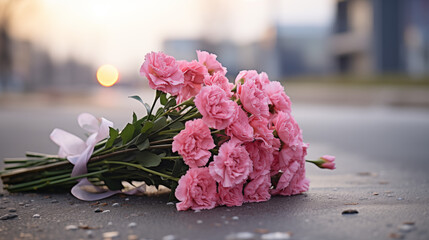 Flowers and candles memorializing victims on a city sidewalk 