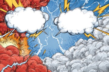 Comic book-style background featuring two large, blank thought bubbles, red and gray/white clouds, explosions, and lightning