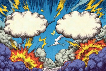 Dramatic comic book explosion background. Two large blank speech bubbles dominate the scene, surrounded by vibrant bursts of explosions and lightning
