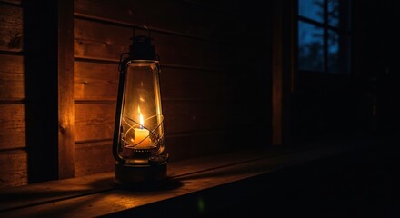 A vintage lantern casts warm light in a dark wooden cabin
