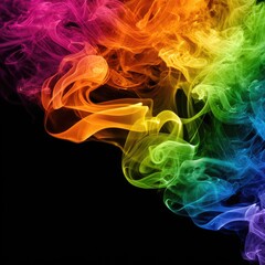 Fototapeta premium Vibrant rainbow smoke swirls against a stark black backdrop, creating a mesmerizing abstract design.