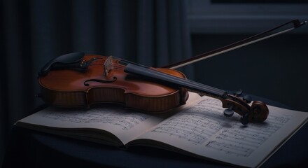 A violin rests on open sheet music.  Dark background