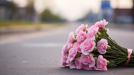Flowers and candles memorializing victims on a city sidewalk 
