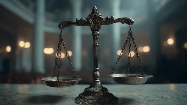 Antique courtroom balance scale with dramatic lighting and historic architecture background