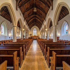 A spacious church interior boasts a long, wooden aisle, lined with pews, leading to a brightly lit sanctuary.