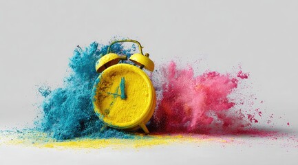 A vibrant yellow alarm clock surrounded by a cloud of exploding powder, a mix of teal and pink