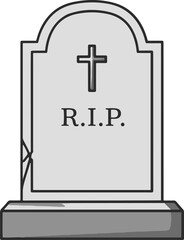 Fototapeta premium A grayscale pixel art illustration depicts a simple gravestone. The tombstone features a cross at the top, an inscription area, and a base. Small pixelated plants or weeds are visible at the base.