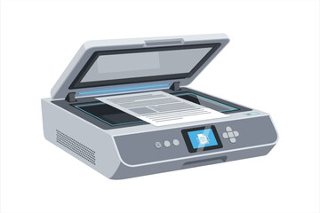 Flatbed scanner with open lid and document inside scanning paper