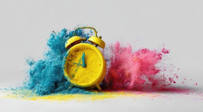 A vibrant yellow alarm clock surrounded by a cloud of exploding powder, a mix of teal and pink