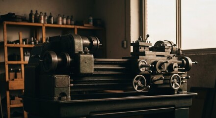 Fototapeta premium An antique metal lathe sits in a dimly lit workshop. Shelving with various containers is visible in the background, near a window