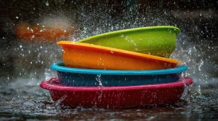 Colorful plastic bowls stacked, water splashing around