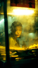Cinematic portrait of woman behind food counter at night with neon yellow light