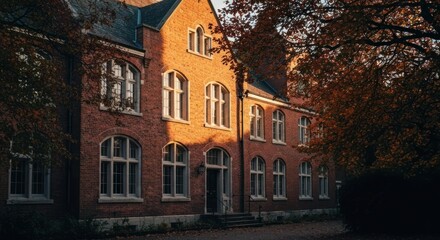 Autumnal sunlight casts long shadows on a historic brick building