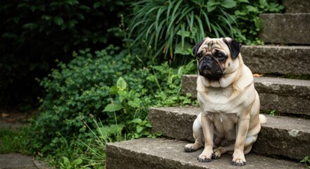 Obraz premium Beige pug sits on stone steps amidst greenery