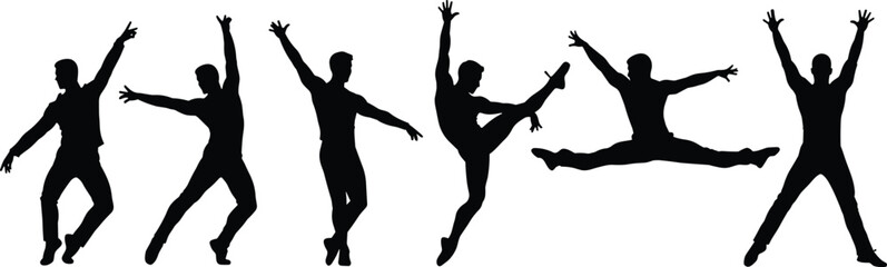Silhouette dancers performing various dynamic ballet and modern dance poses, expressing movement, grace, energy, flexibility, rhythm, and artistic dance expression vector.
