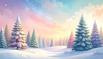 A winter wonderland scene showcases a serene landscape with snow-covered evergreen trees under a pastel sunrise.