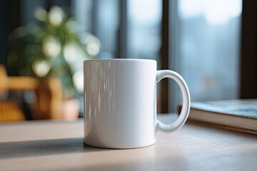 White mug on a light-colored table, out-of-focus background