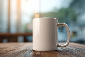 A plain white mug sits on a wooden table in front of a blurred cafe background